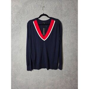 Banana Republic Sweaters Women Silk Cashmere V Neck L Navy Blue Red White LS NEW
